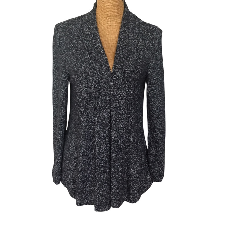 Chico’s Elegant Silk Black Gray Open Cardigan Sweater Size 1